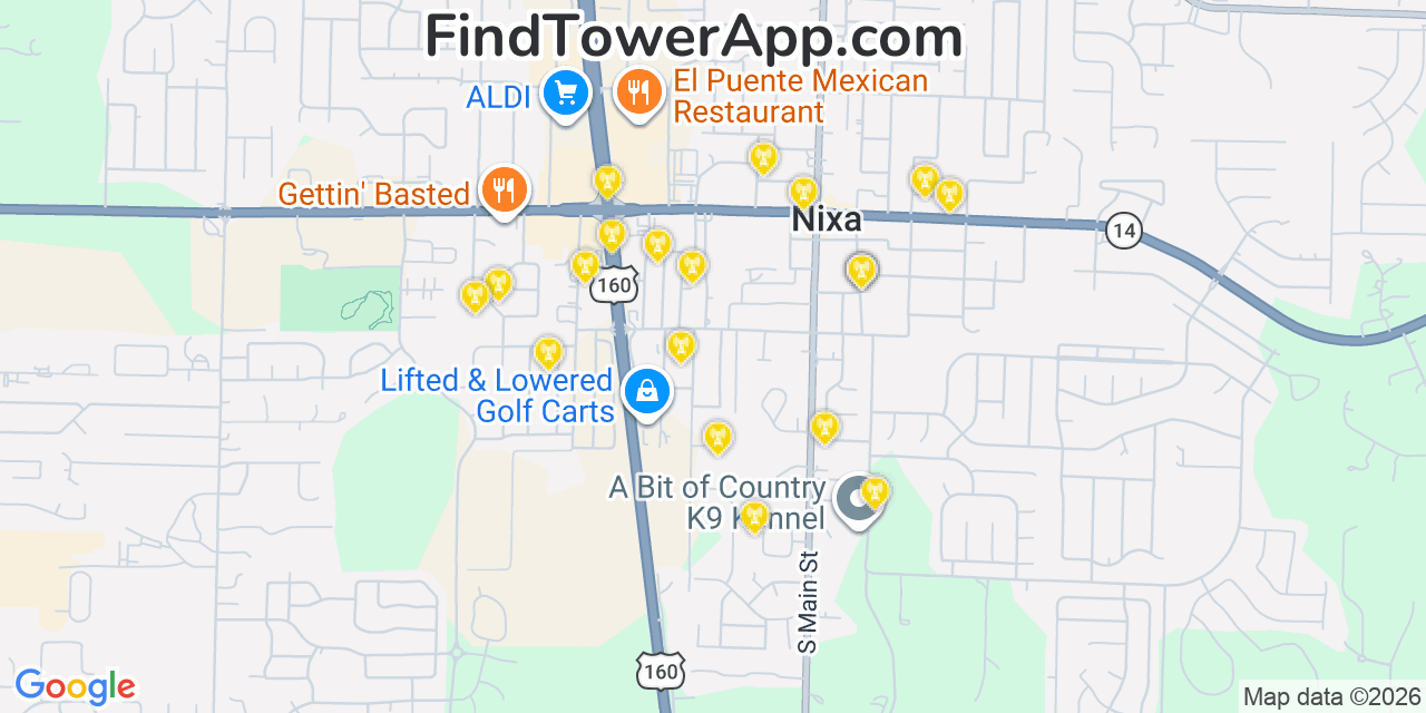 Map showing the 20 primary cell tower locations detected in Nixa, Missouri from AT&T, Verizon, and T-Mobile networks