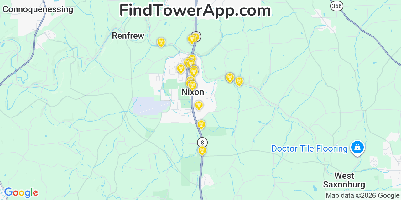 Map showing the 20 primary cell tower locations detected in Nixon, Pennsylvania from AT&T, Verizon, and T-Mobile networks