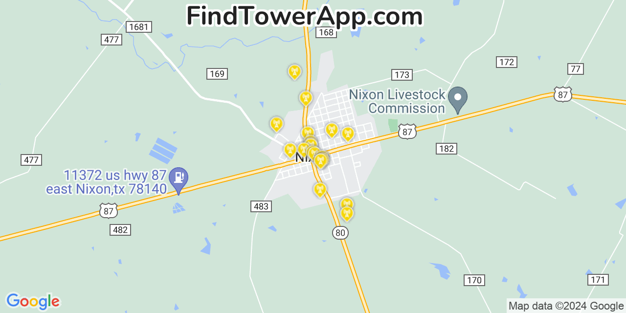 AT&T 4G/5G cell tower coverage map Nixon, Texas