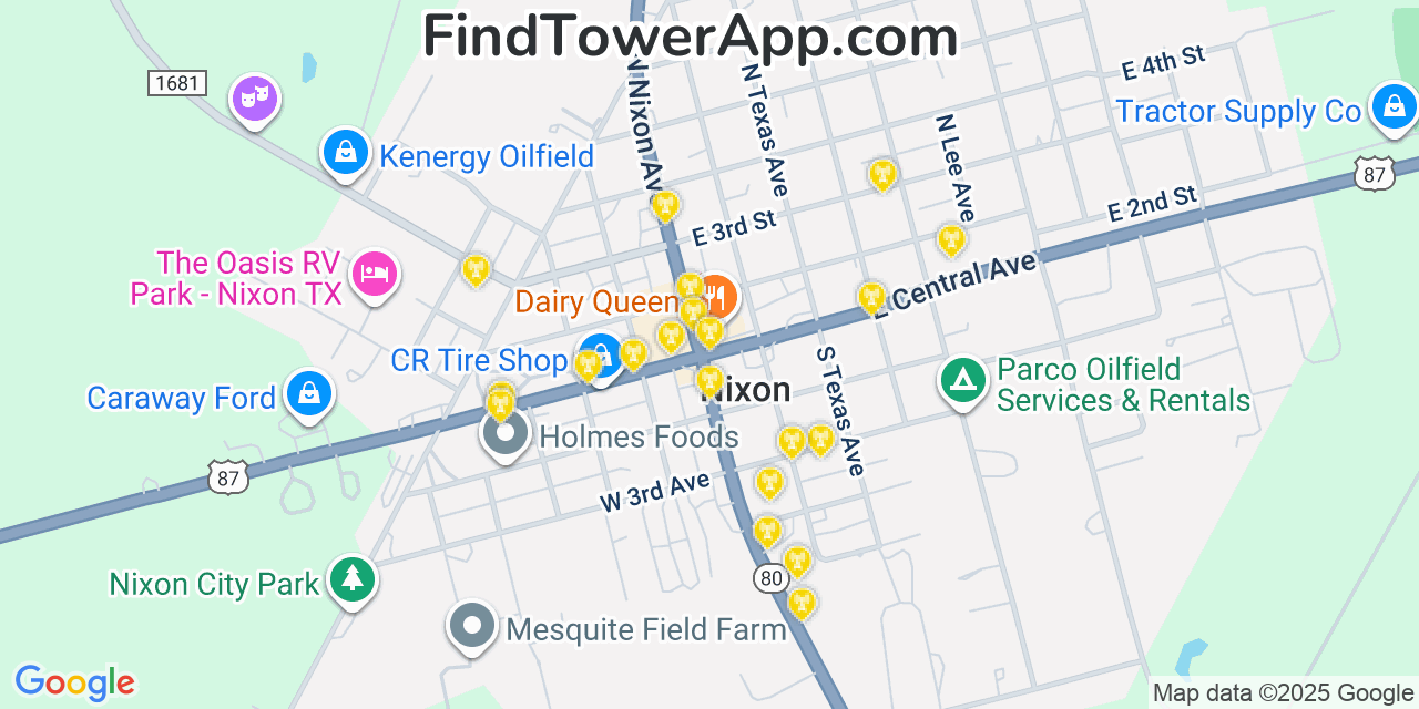 Map showing the 20 primary cell tower locations detected in Nixon, Texas from AT&T, Verizon, and T-Mobile networks