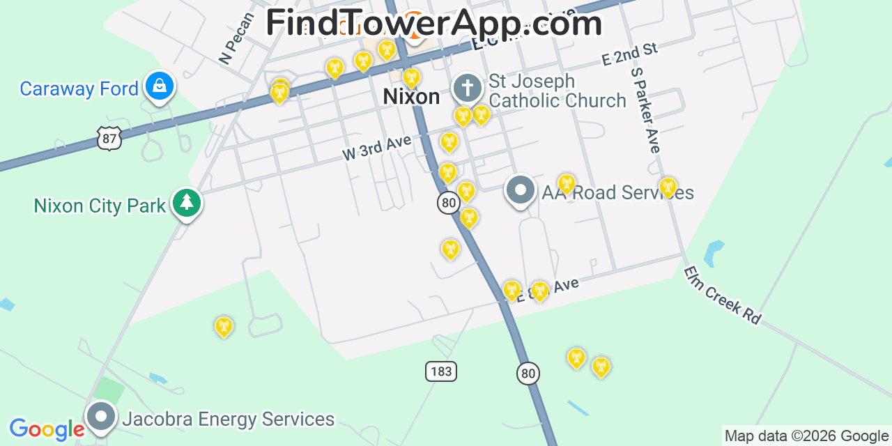 Map showing the 20 primary cell tower locations detected in Nixon, Texas from AT&T, Verizon, and T-Mobile networks