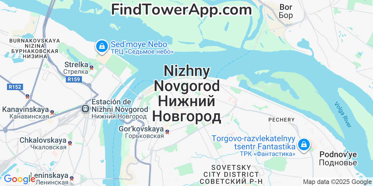 Map showing the 0 primary EKATERINBURG-2000 cell tower locations detected in Nizhny Novgorod, Russia with coverage radius and signal strength indicators