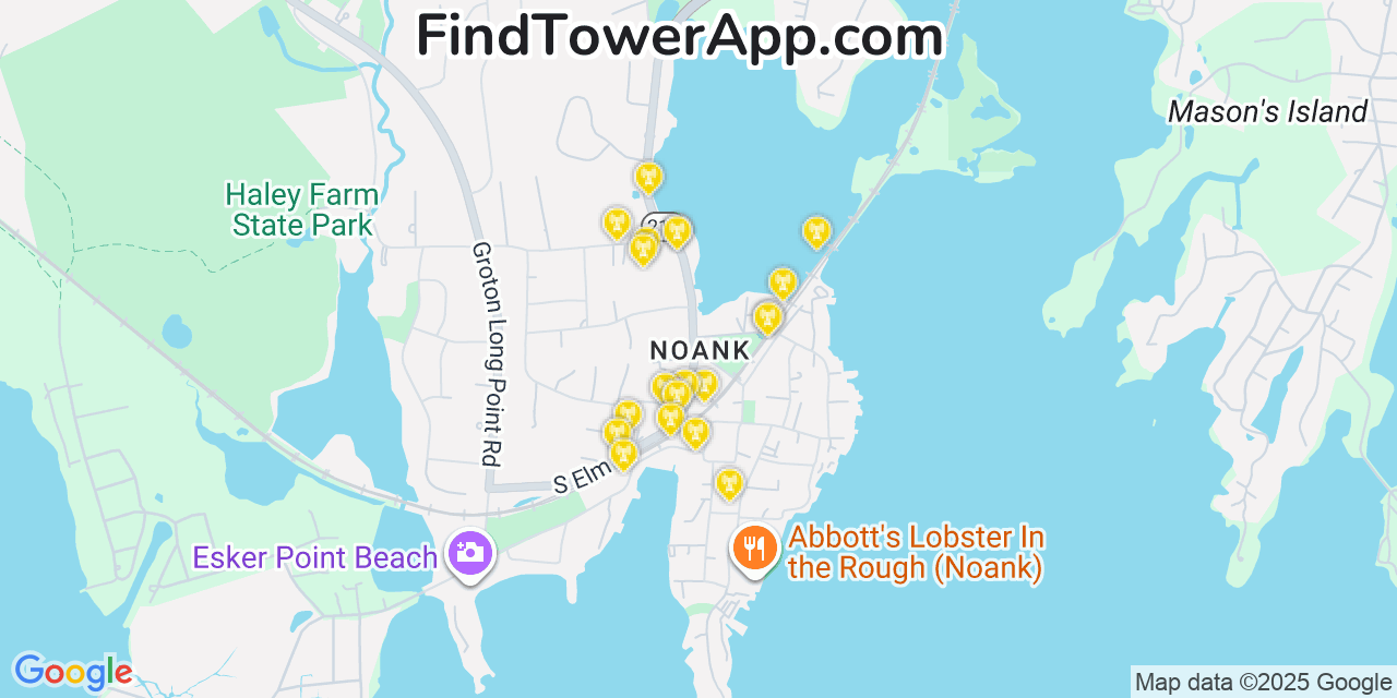 Map showing the 20 primary cell tower locations detected in Noank, Connecticut from AT&T, Verizon, and T-Mobile networks