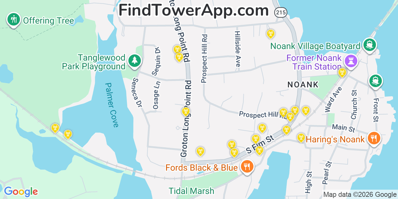 Map showing the 20 primary cell tower locations detected in Noank, Connecticut from AT&T, Verizon, and T-Mobile networks