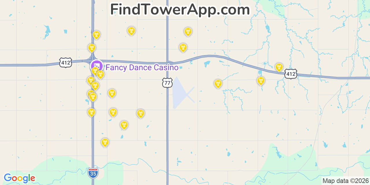 Map showing the 20 primary cell tower locations detected in Noble, Oklahoma from AT&T, Verizon, and T-Mobile networks