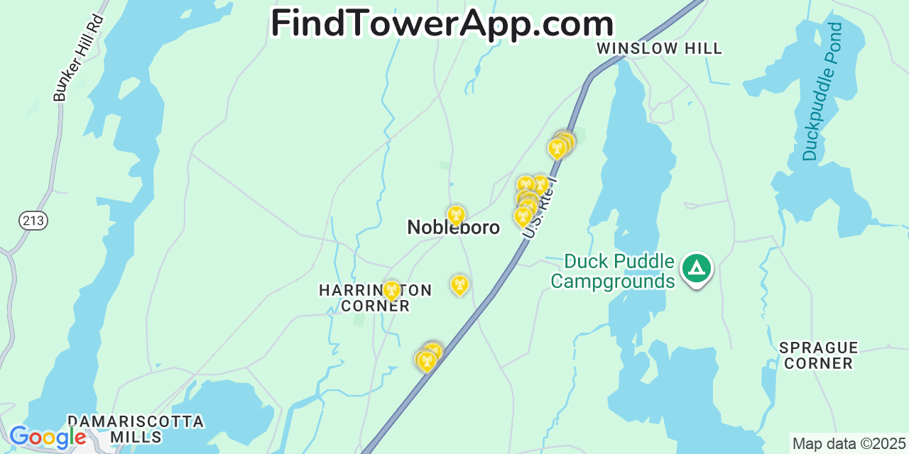 Map showing the 20 primary cell tower locations detected in Nobleboro, Maine from AT&T, Verizon, and T-Mobile networks