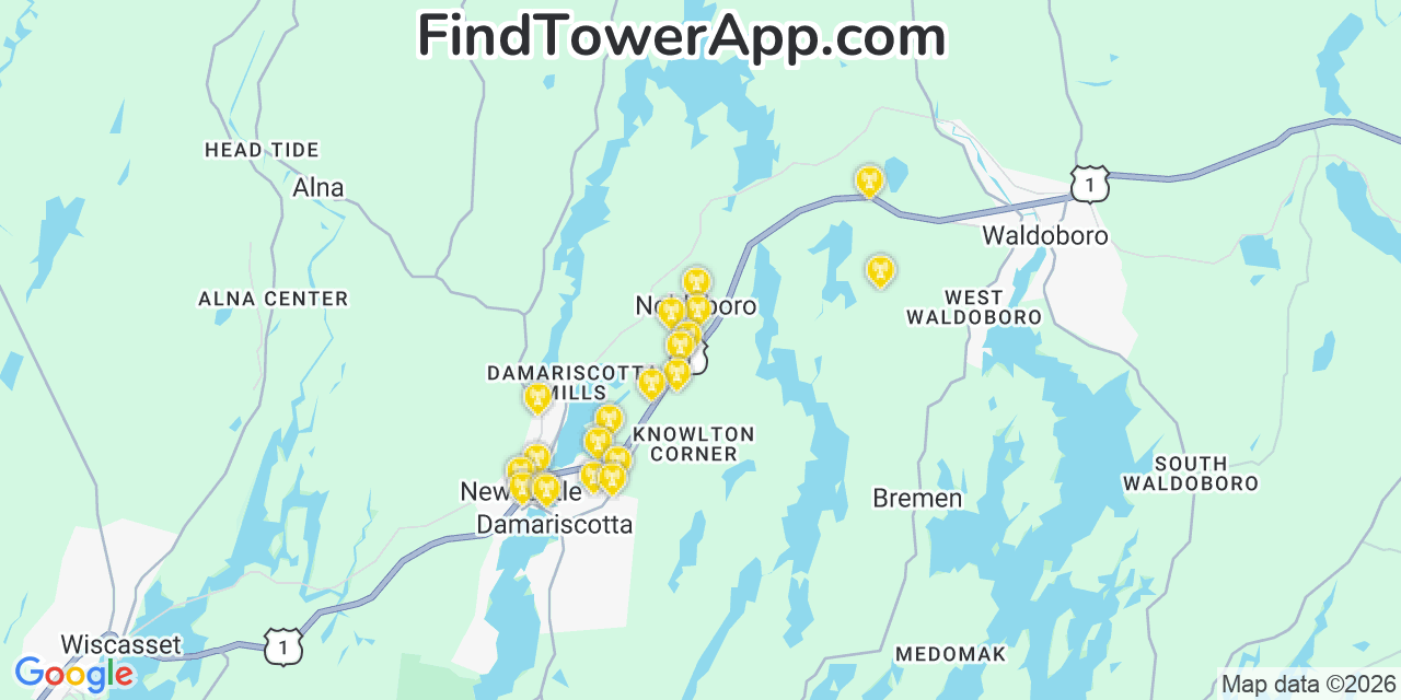 Map showing the 20 primary cell tower locations detected in Nobleboro, Maine from AT&T, Verizon, and T-Mobile networks