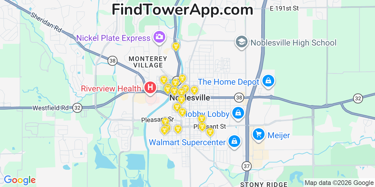 Map showing the 20 primary cell tower locations detected in Noblesville, Indiana from AT&T, Verizon, and T-Mobile networks