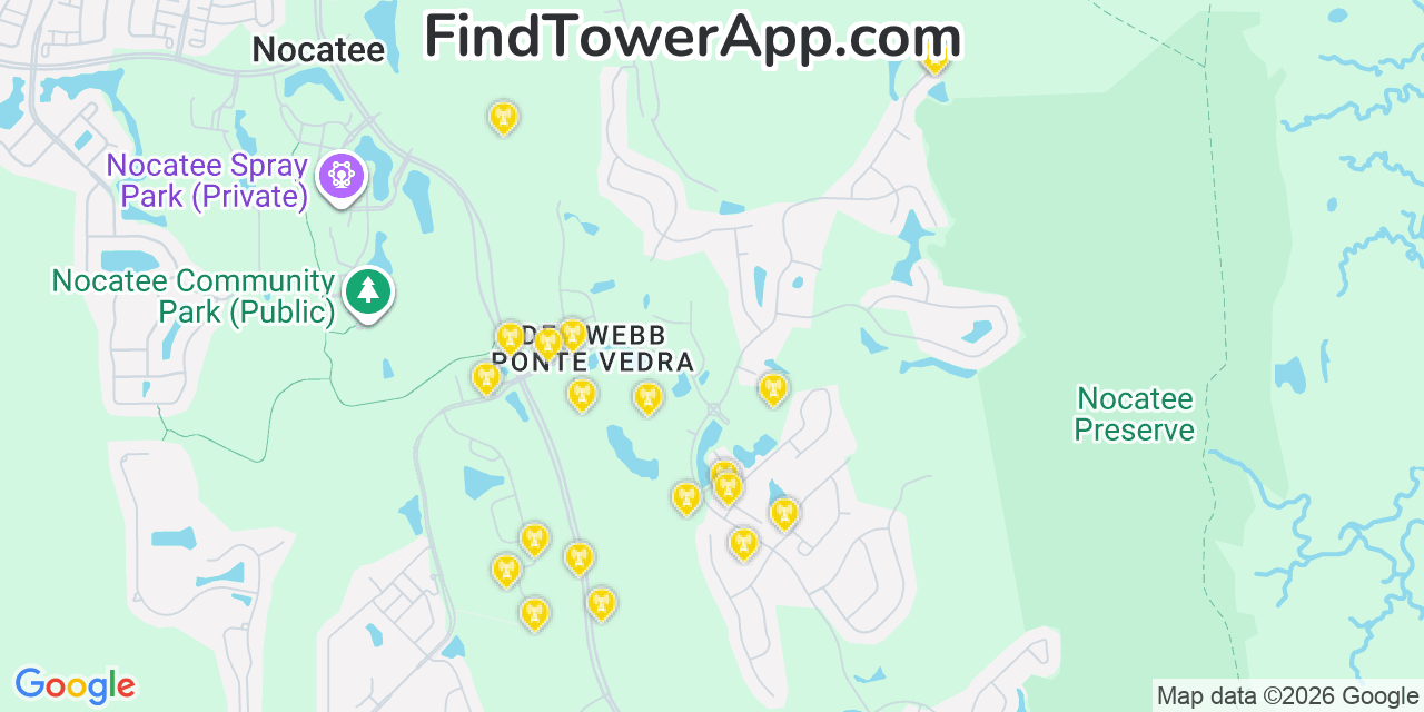 Map showing the 20 primary cell tower locations detected in Nocatee, Florida from AT&T, Verizon, and T-Mobile networks