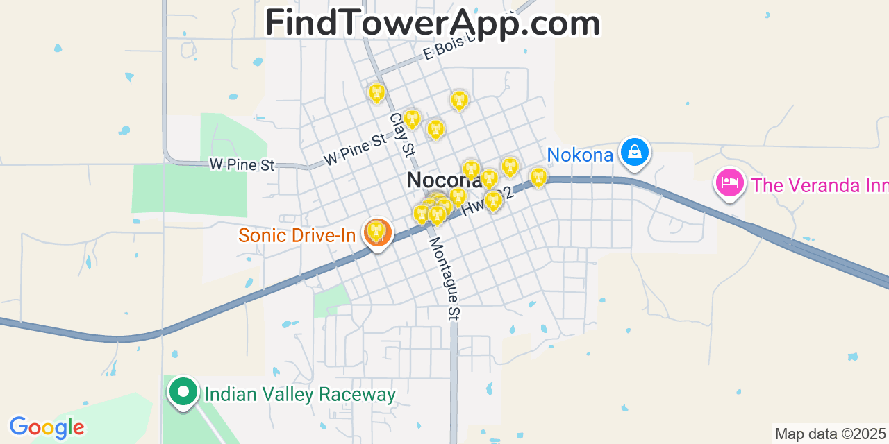 Map showing the 20 primary cell tower locations detected in Nocona, Texas from AT&T, Verizon, and T-Mobile networks