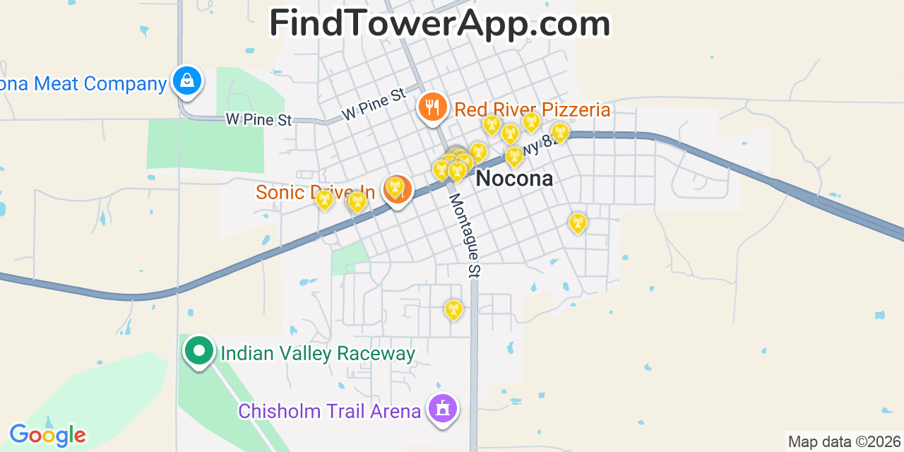 Map showing the 20 primary cell tower locations detected in Nocona, Texas from AT&T, Verizon, and T-Mobile networks