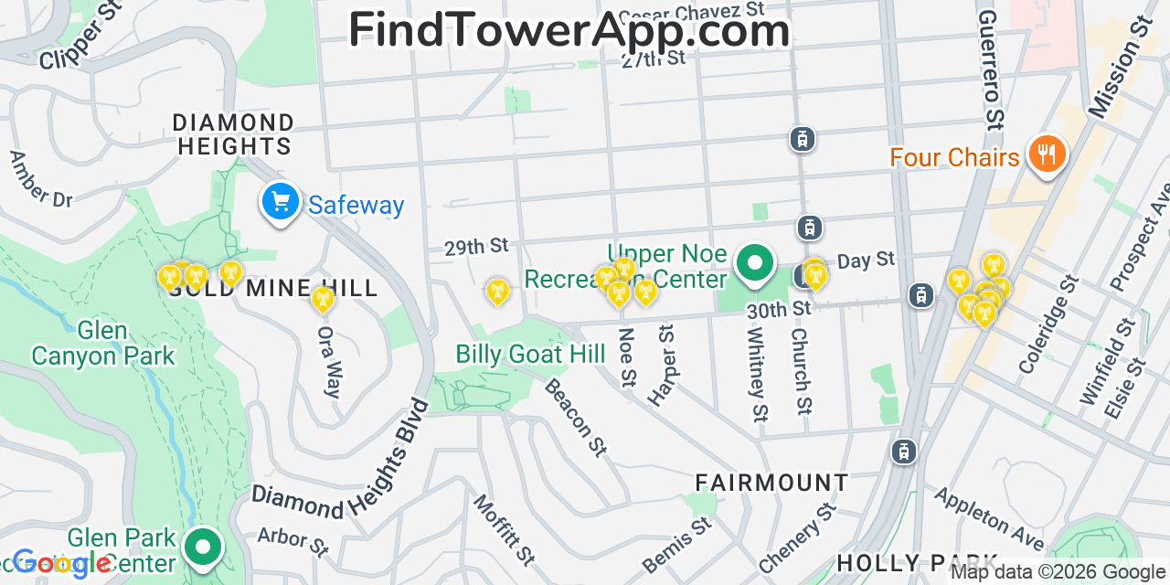 Map showing the 20 primary cell tower locations detected in Noe Valley, California from AT&T, Verizon, and T-Mobile networks