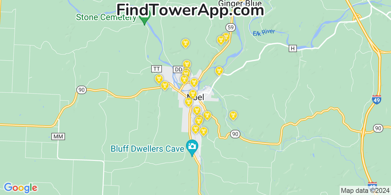 AT&T 4G/5G cell tower coverage map Noel, Missouri