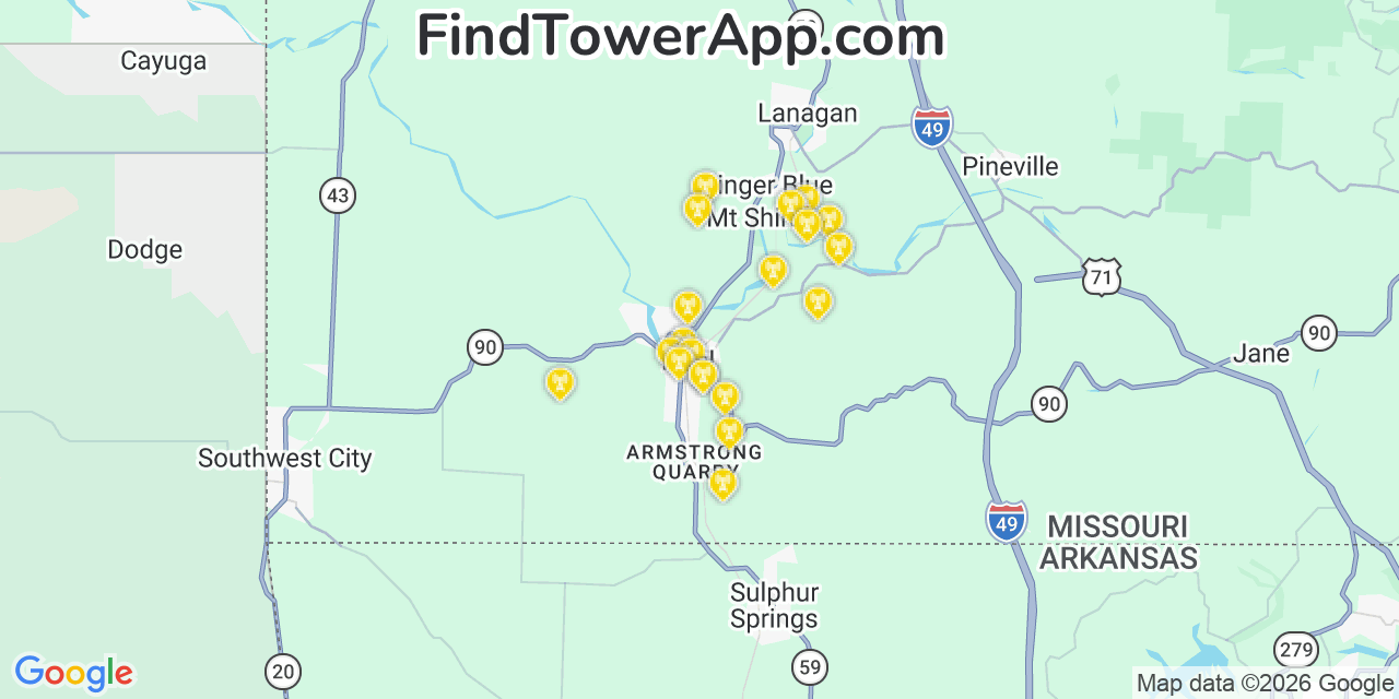 Map showing the 20 primary cell tower locations detected in Noel, Missouri from AT&T, Verizon, and T-Mobile networks