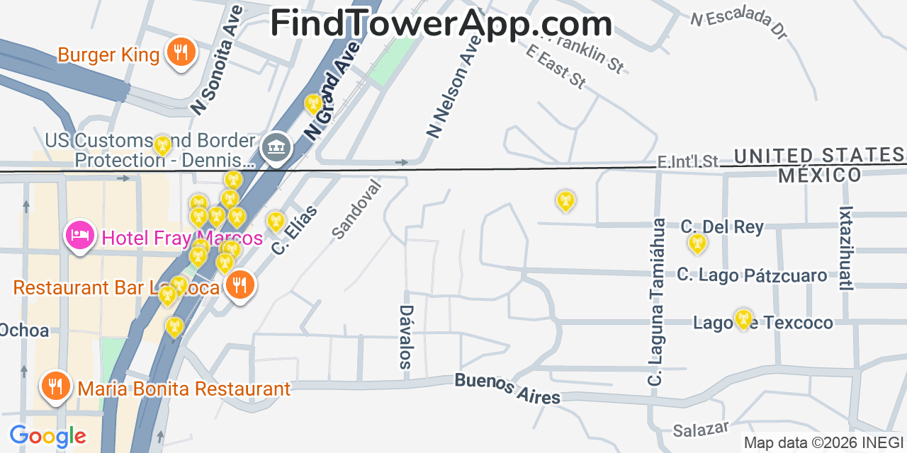 Map showing the 20 primary cell tower locations detected in Nogales, Arizona from AT&T, Verizon, and T-Mobile networks