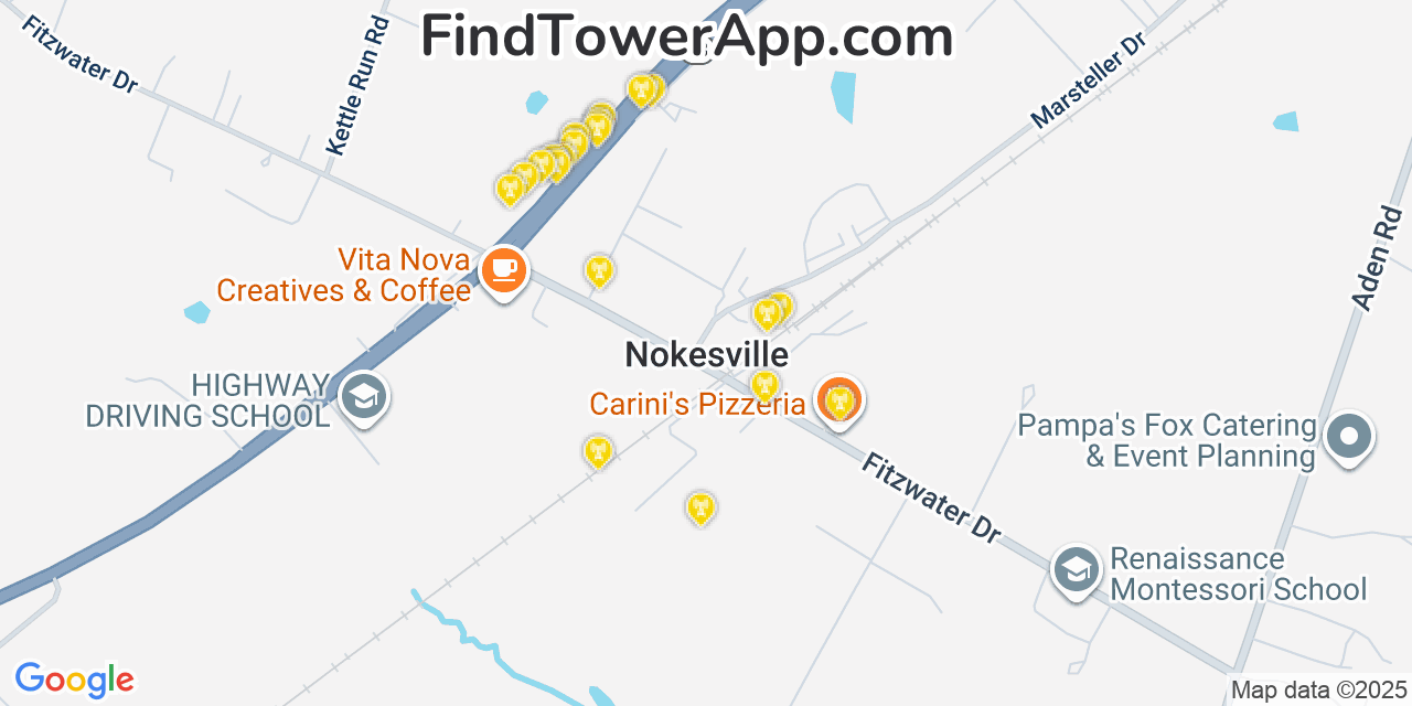 Map showing the 20 primary cell tower locations detected in Nokesville, Virginia from AT&T, Verizon, and T-Mobile networks