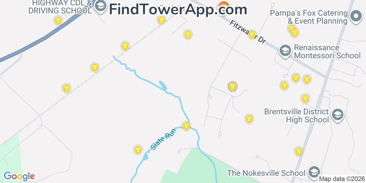 Map showing the 20 primary cell tower locations detected in Nokesville, Virginia from AT&T, Verizon, and T-Mobile networks