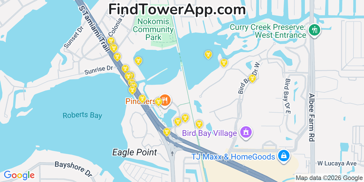 Map showing the 20 primary cell tower locations detected in Nokomis, Florida from AT&T, Verizon, and T-Mobile networks
