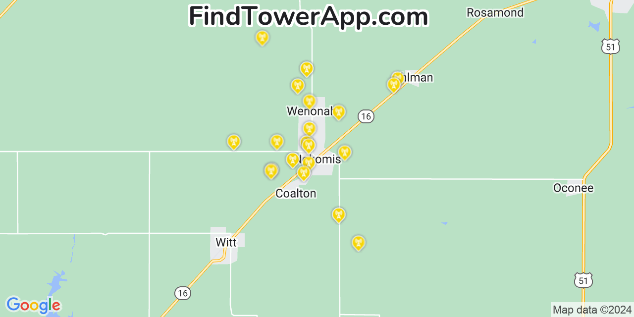 AT&T 4G/5G cell tower coverage map Nokomis, Illinois