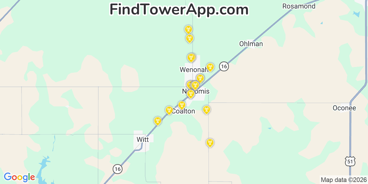Map showing the 20 primary cell tower locations detected in Nokomis, Illinois from AT&T, Verizon, and T-Mobile networks