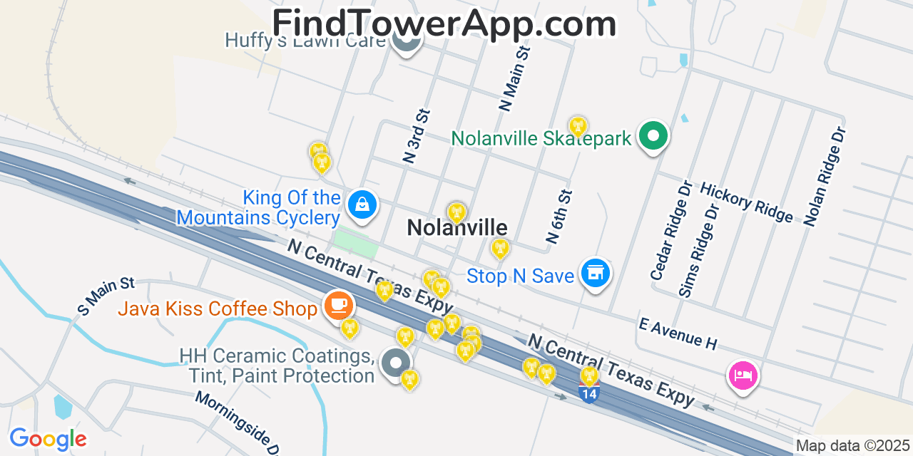 Map showing the 20 primary cell tower locations detected in Nolanville, Texas from AT&T, Verizon, and T-Mobile networks
