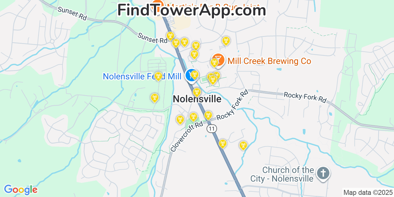 Map showing the 20 primary cell tower locations detected in Nolensville, Tennessee from AT&T, Verizon, and T-Mobile networks