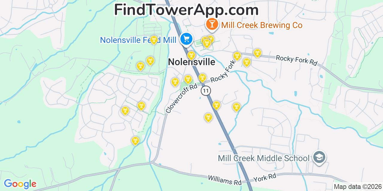 Map showing the 20 primary cell tower locations detected in Nolensville, Tennessee from AT&T, Verizon, and T-Mobile networks