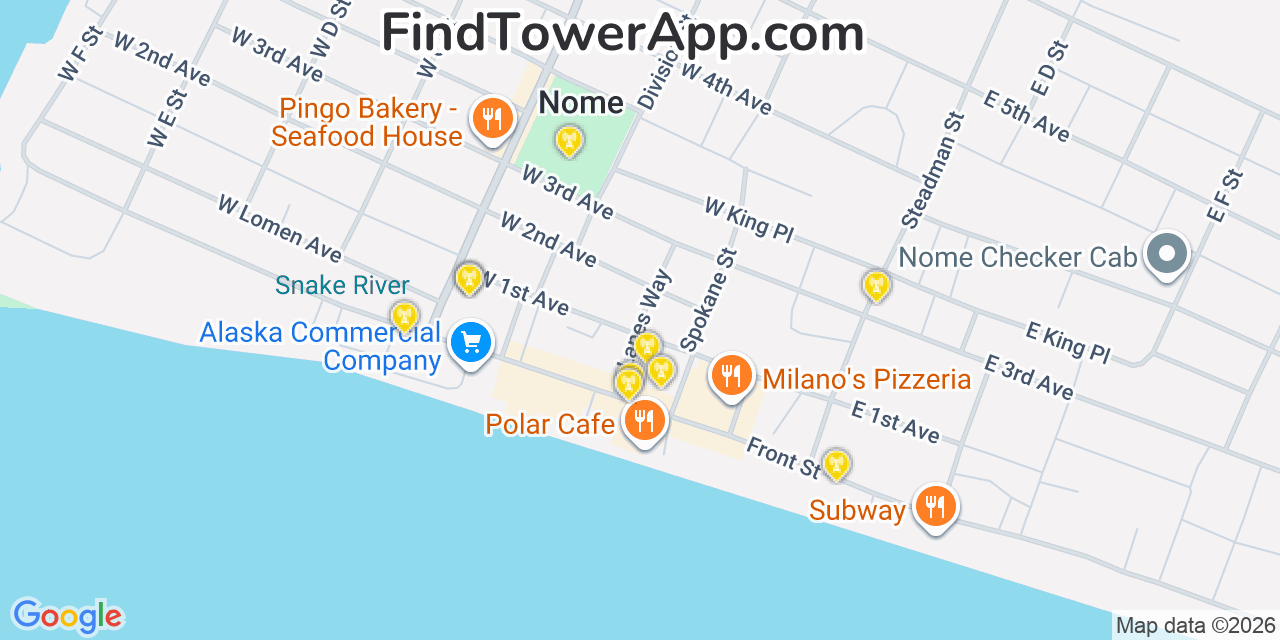 Map showing the 20 primary cell tower locations detected in Nome, Alaska from AT&T, Verizon, and T-Mobile networks