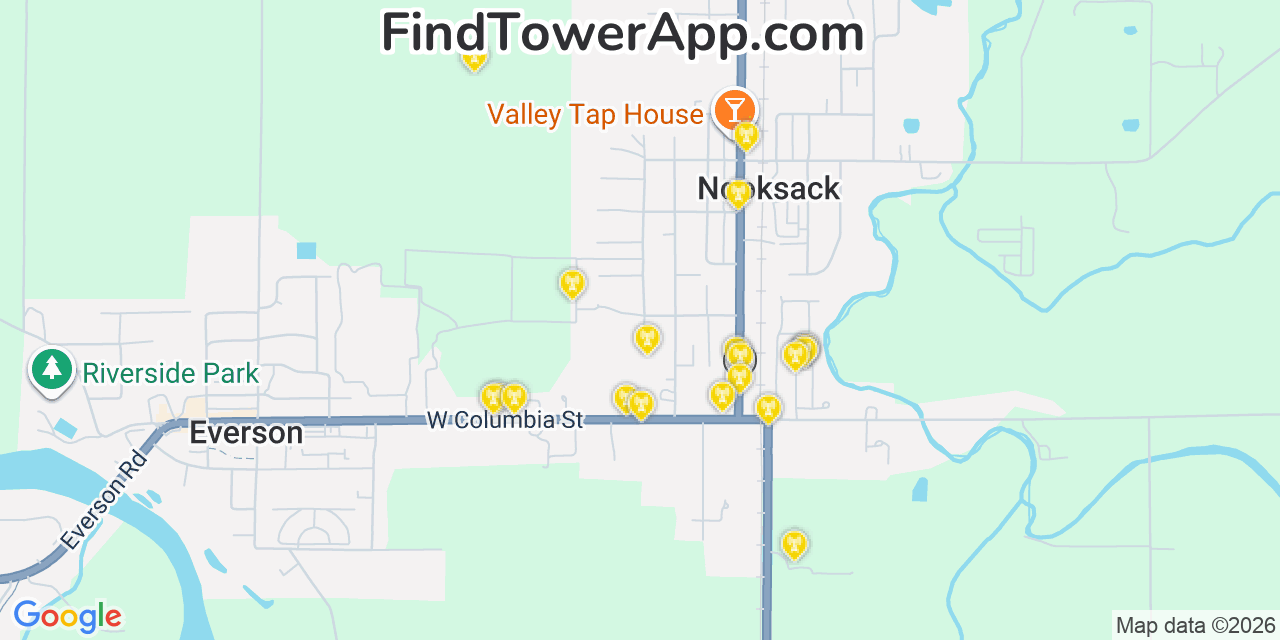 Map showing the 20 primary cell tower locations detected in Nooksack, Washington from AT&T, Verizon, and T-Mobile networks