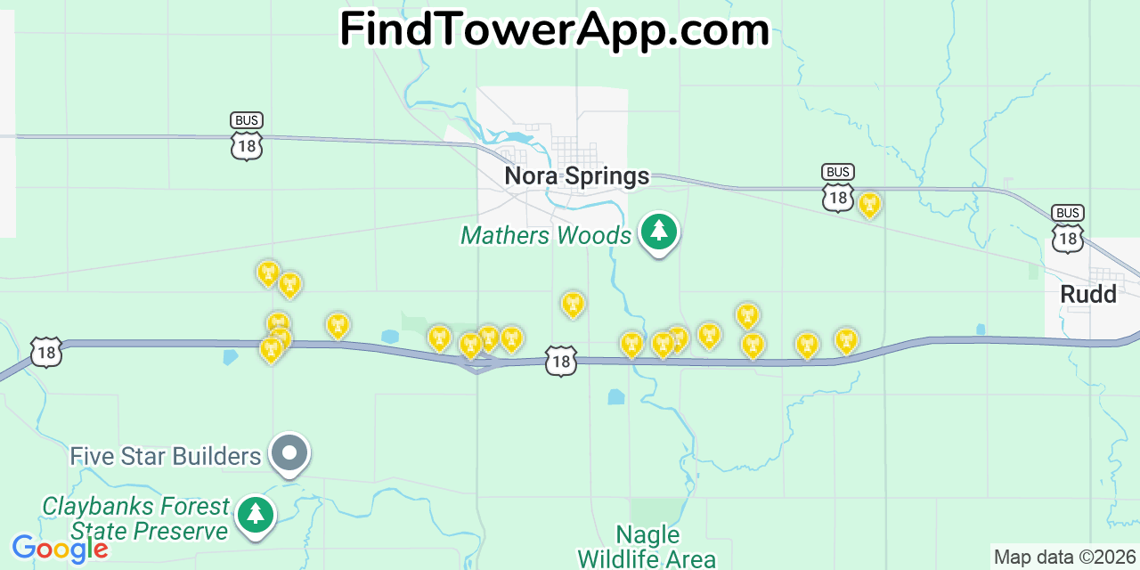 Map showing the 20 primary cell tower locations detected in Nora Springs, Iowa from AT&T, Verizon, and T-Mobile networks