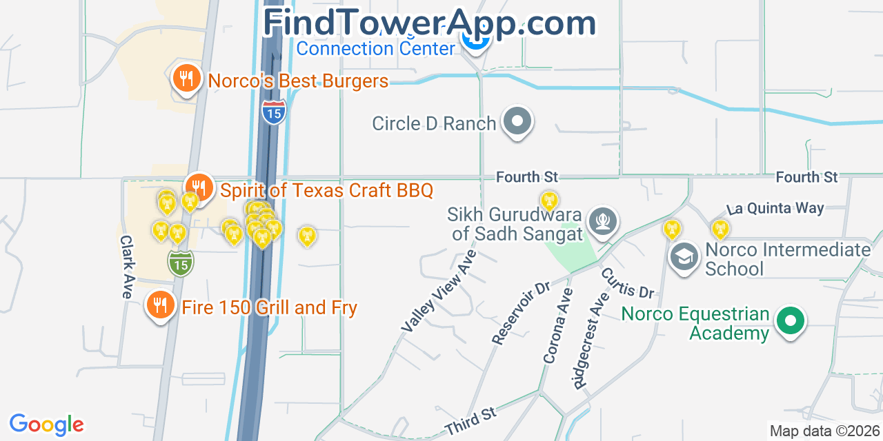 Map showing the 20 primary cell tower locations detected in Norco, California from AT&T, Verizon, and T-Mobile networks