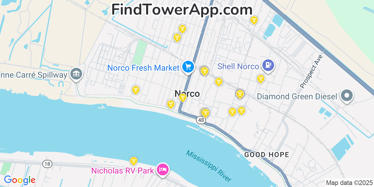 Map showing the 20 primary cell tower locations detected in Norco, Louisiana from AT&T, Verizon, and T-Mobile networks