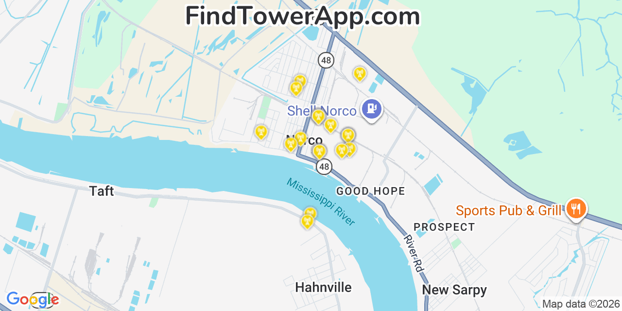 Map showing the 20 primary cell tower locations detected in Norco, Louisiana from AT&T, Verizon, and T-Mobile networks