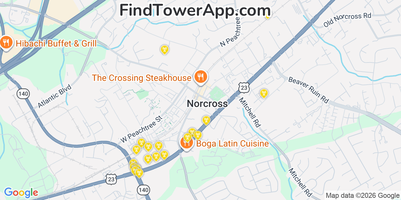 Map showing the 20 primary cell tower locations detected in Norcross, Georgia from AT&T, Verizon, and T-Mobile networks