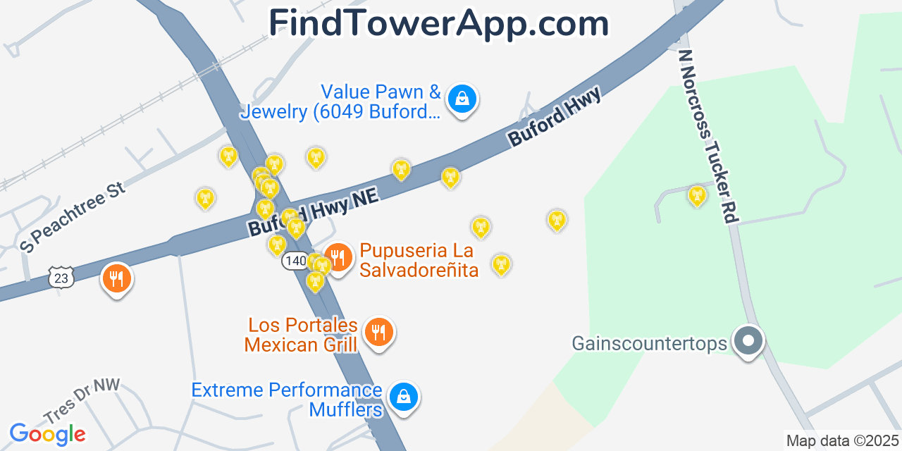 Map showing the 20 primary Mobitel cell tower locations detected in Norcross, Georgia with coverage radius and signal strength indicators