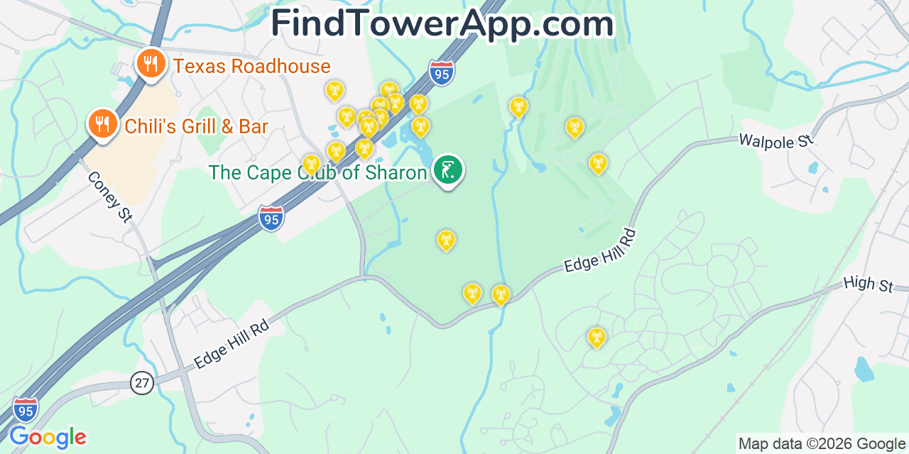 Map showing the 20 primary cell tower locations detected in Norfolk, Massachusetts from AT&T, Verizon, and T-Mobile networks