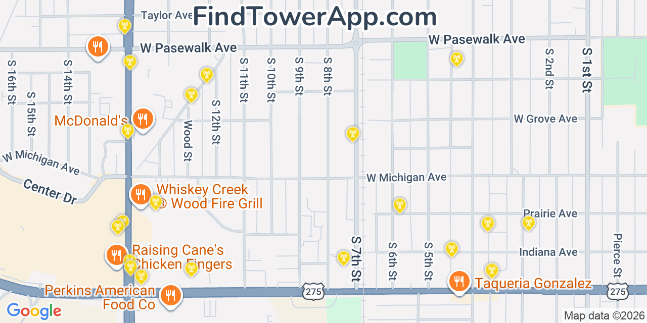 Map showing the 20 primary cell tower locations detected in Norfolk, Nebraska from AT&T, Verizon, and T-Mobile networks