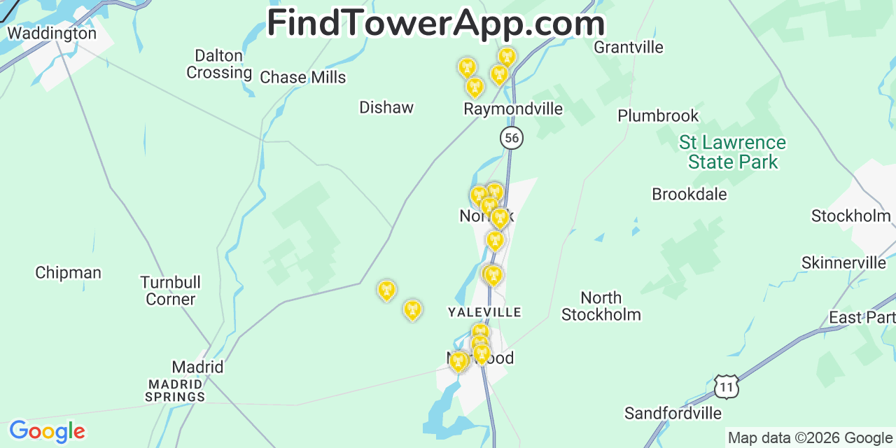 Map showing the 20 primary cell tower locations detected in Norfolk, New York from AT&T, Verizon, and T-Mobile networks