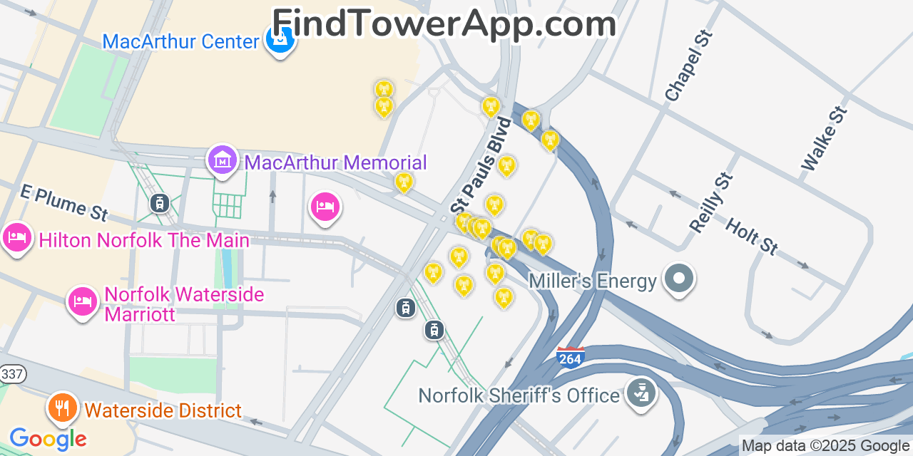 Map showing the 20 primary cell tower locations detected in Norfolk, Virginia from AT&T, Verizon, and T-Mobile networks