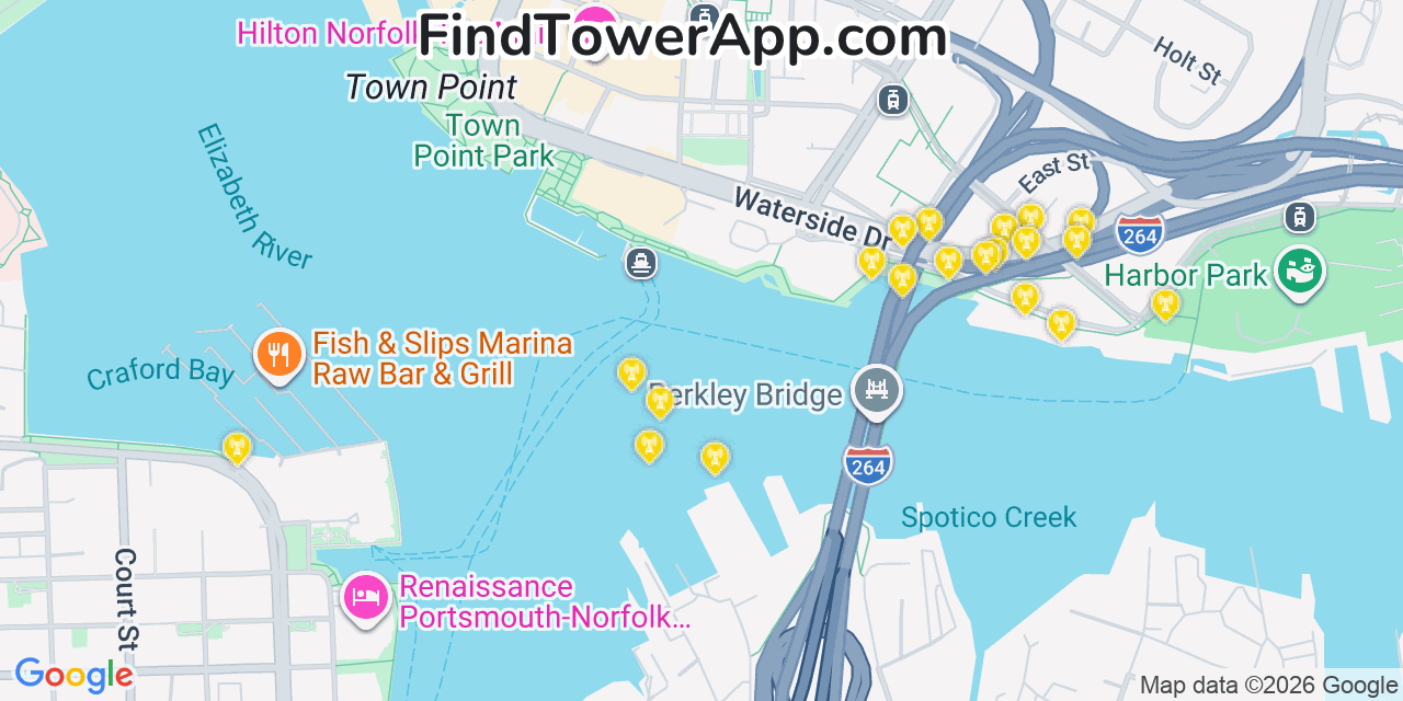 Map showing the 20 primary cell tower locations detected in Norfolk, Virginia from AT&T, Verizon, and T-Mobile networks