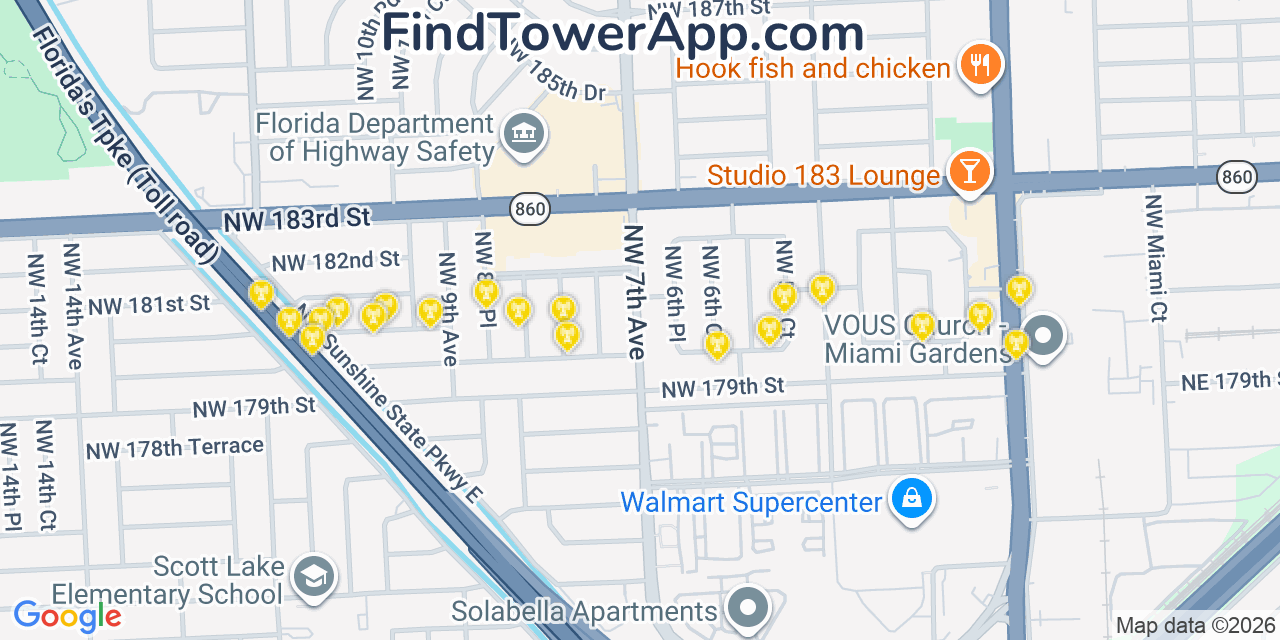 Map showing the 20 primary cell tower locations detected in Norland, Florida from AT&T, Verizon, and T-Mobile networks