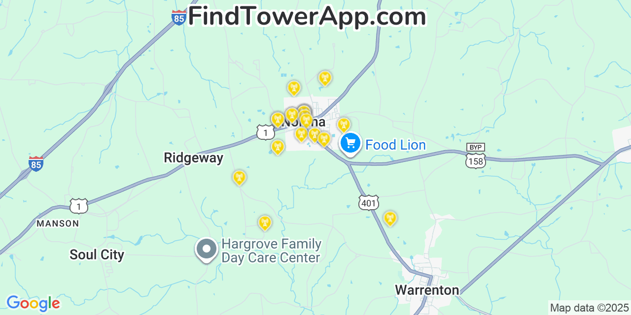 Map showing the 20 primary cell tower locations detected in Norlina, North Carolina from AT&T, Verizon, and T-Mobile networks