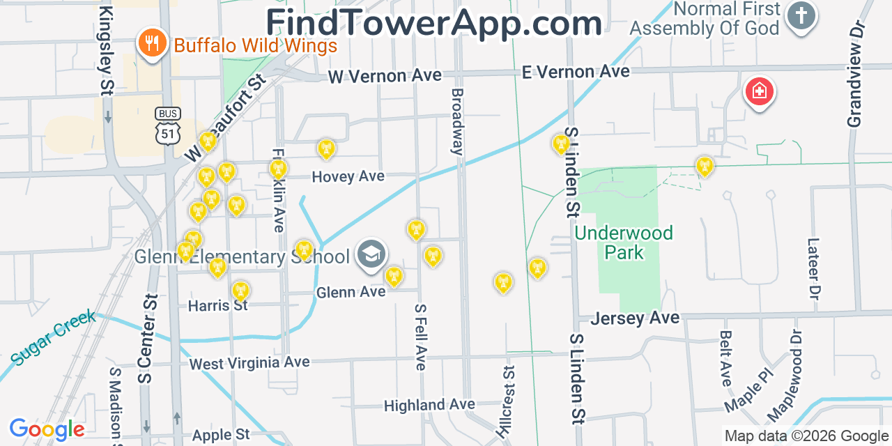 Map showing the 20 primary cell tower locations detected in Normal, Illinois from AT&T, Verizon, and T-Mobile networks
