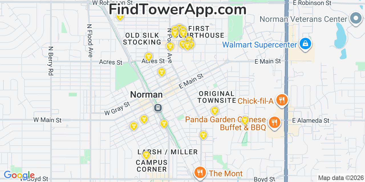 Map showing the 20 primary cell tower locations detected in Norman, Oklahoma from AT&T, Verizon, and T-Mobile networks