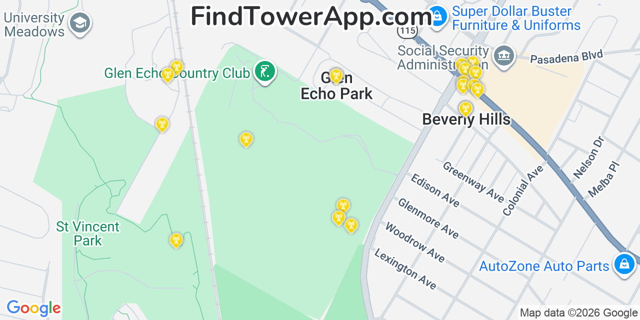 Map showing the 20 primary cell tower locations detected in Normandy, Missouri from AT&T, Verizon, and T-Mobile networks