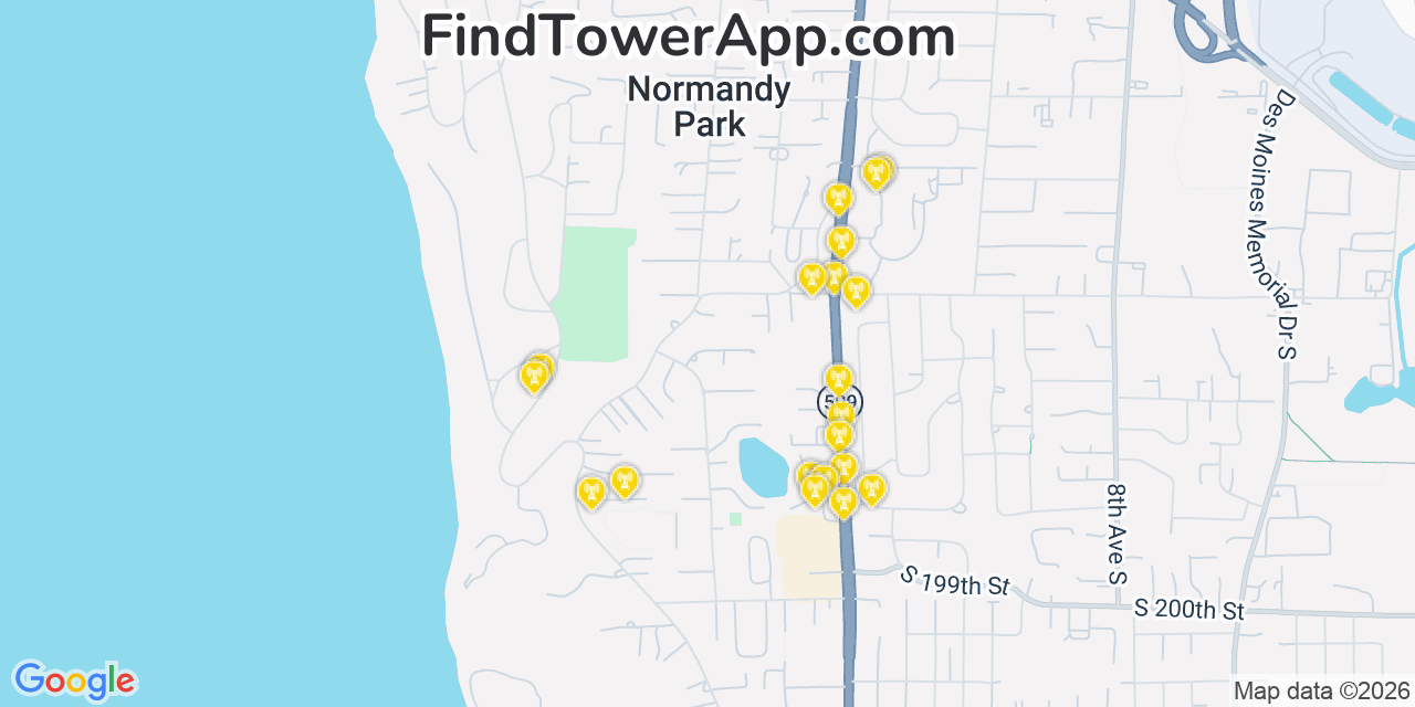 Map showing the 20 primary cell tower locations detected in Normandy Park, Washington from AT&T, Verizon, and T-Mobile networks