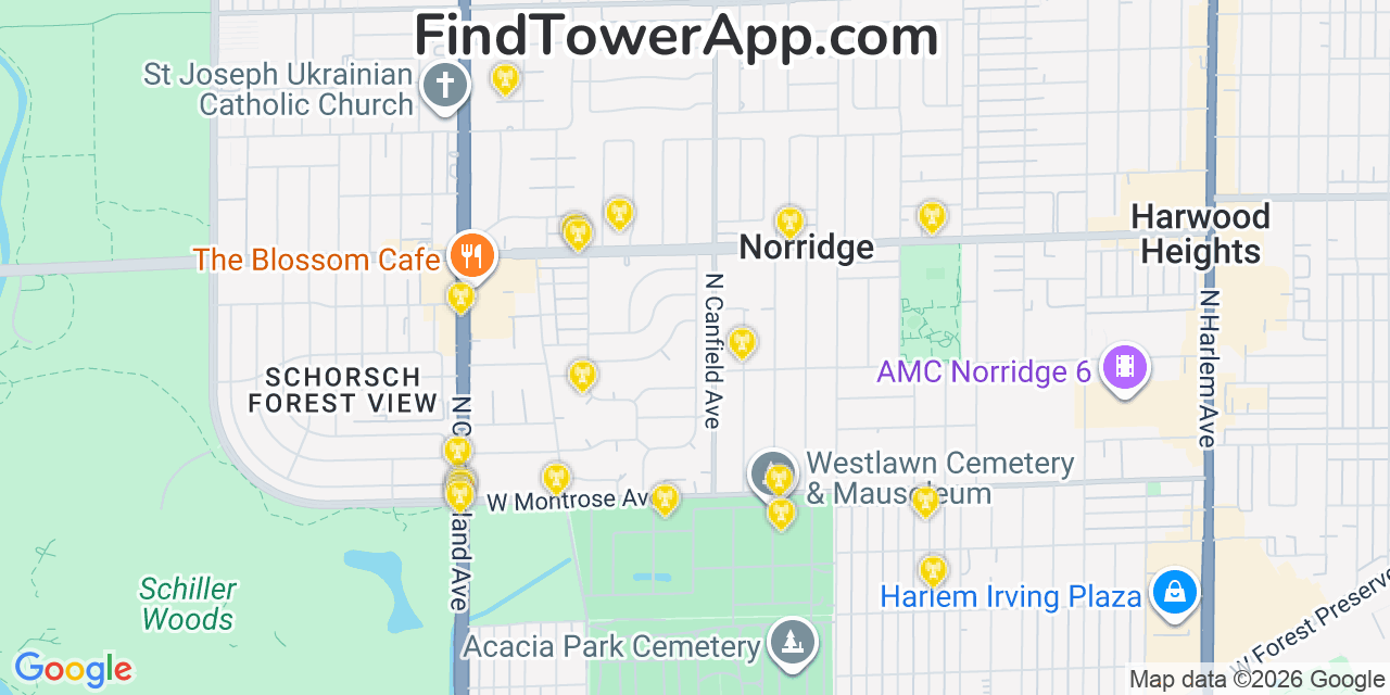 Map showing the 20 primary cell tower locations detected in Norridge, Illinois from AT&T, Verizon, and T-Mobile networks