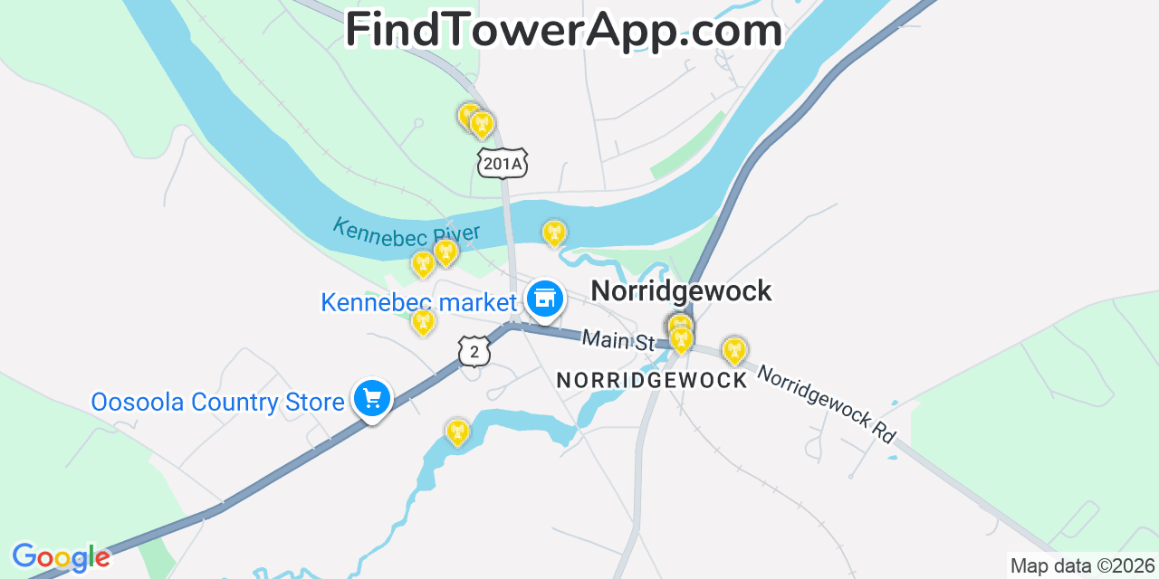 Map showing the 20 primary cell tower locations detected in Norridgewock, Maine from AT&T, Verizon, and T-Mobile networks