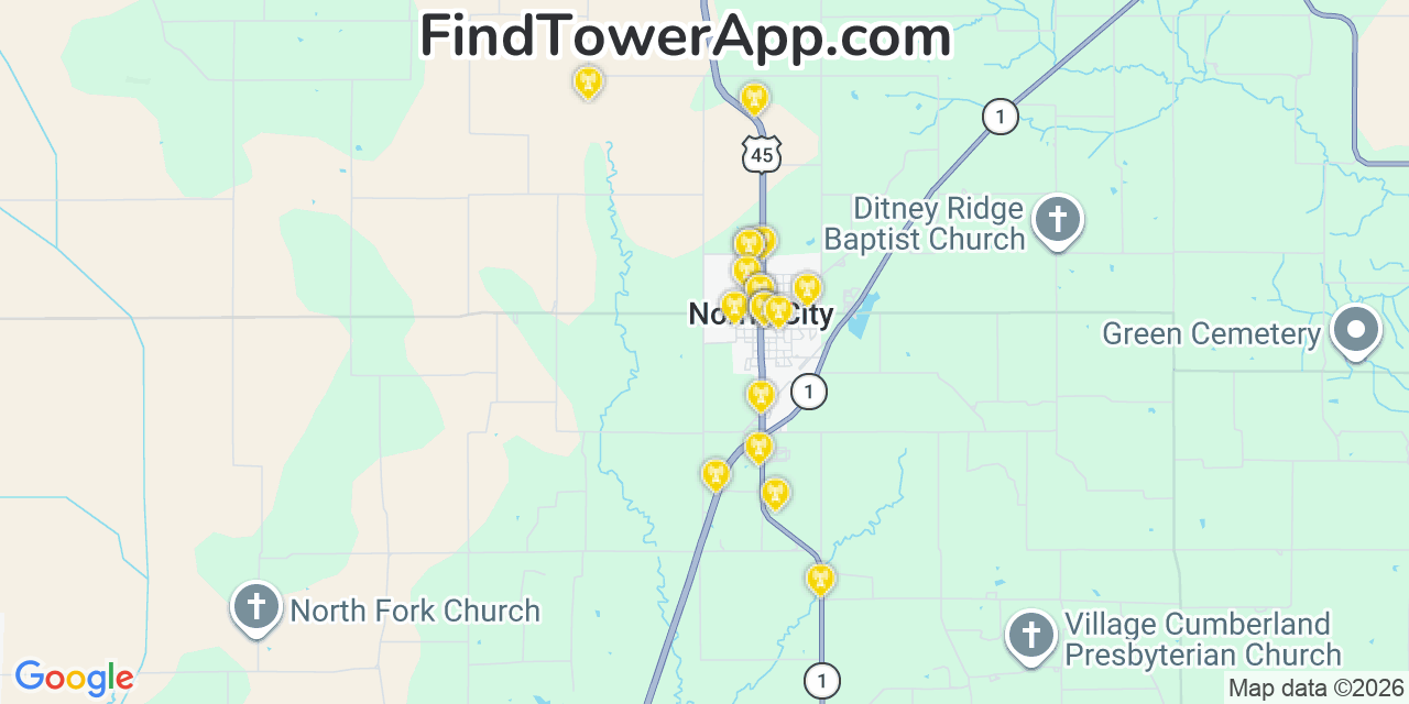 Map showing the 20 primary cell tower locations detected in Norris City, Illinois from AT&T, Verizon, and T-Mobile networks