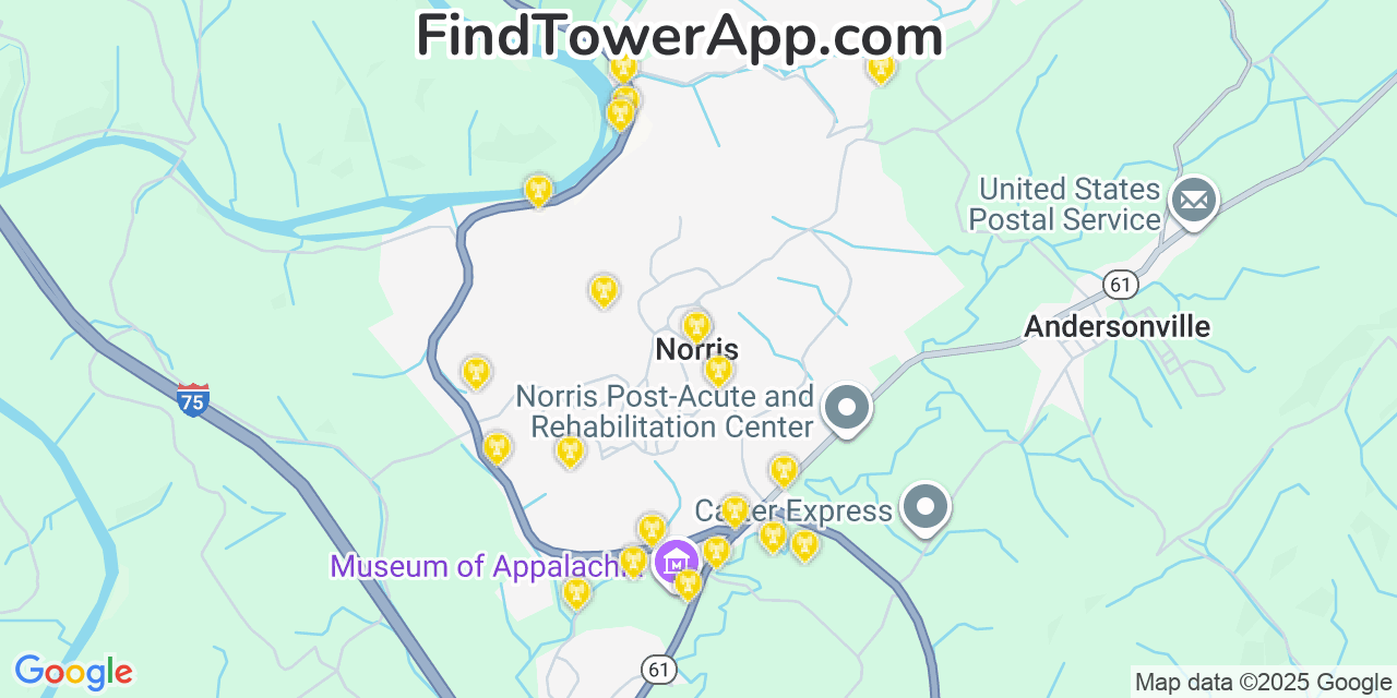 Map showing the 20 primary cell tower locations detected in Norris, Tennessee from AT&T, Verizon, and T-Mobile networks